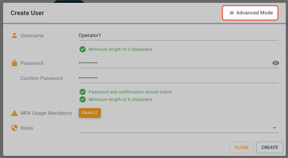 Advanced Mode in Create User dialog